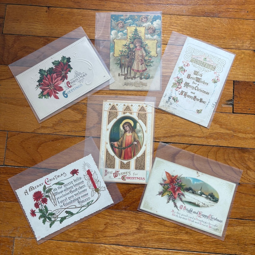 Vintage Lot 6 Christmas Postcards Embossed Victorian Angel Poinsettia